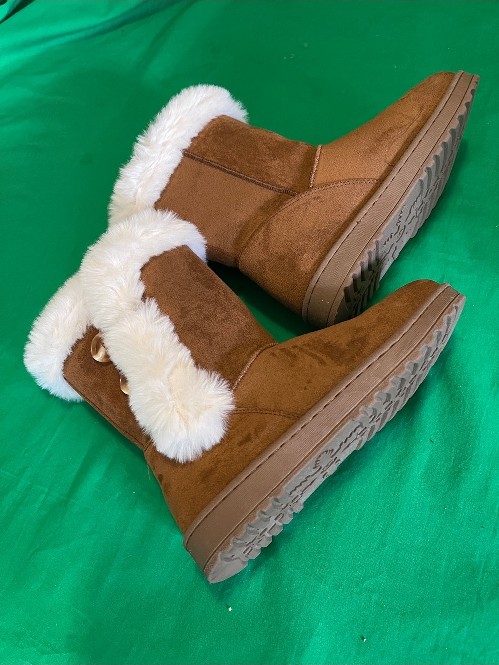 Women's Tan Faux-Suede Winter Boots with Cream Faux-Fur Trim